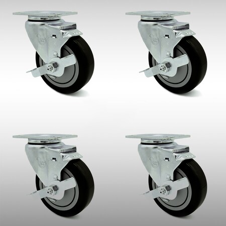 Service Caster 4 Inch SS Black Polyurethane Swivel Top Plate Caster Set with Brake SCC SCC-SS20S414-PPUB-BLK-TLB-4